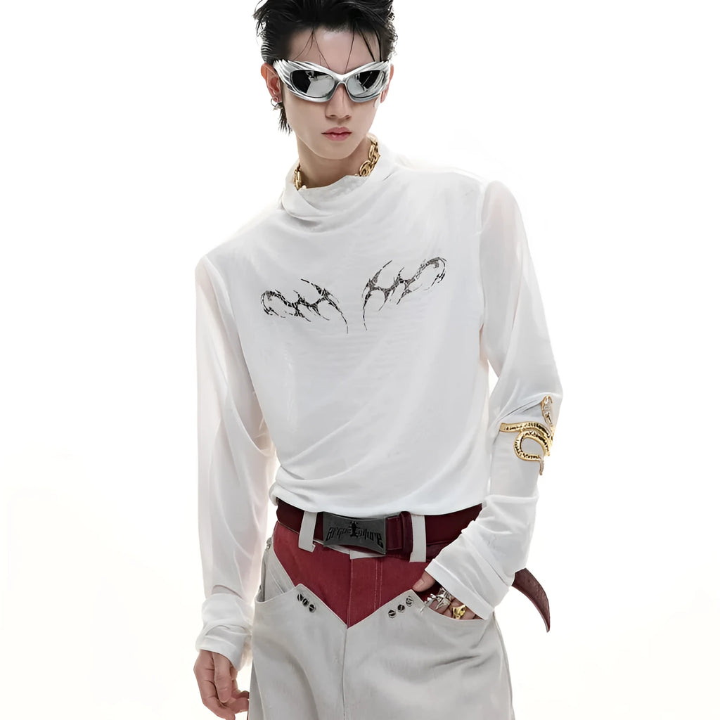 Niche mesh ice-feeling slim bottoming shirt in black, showcasing long sleeves and a trendy fit.
