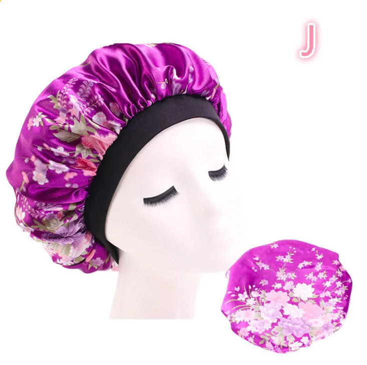 Beauty print satin silk bonnet sleep cap with elastic edge, available in multiple colours