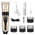 Compact dog shaver with titanium ceramic blade and charging cable on a white background