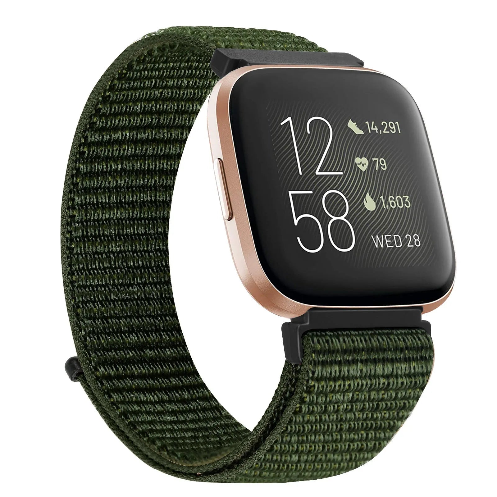 Nylon loop watch band for Fitbit Versa 2 and Sense 2 with velcro closure in army green colour