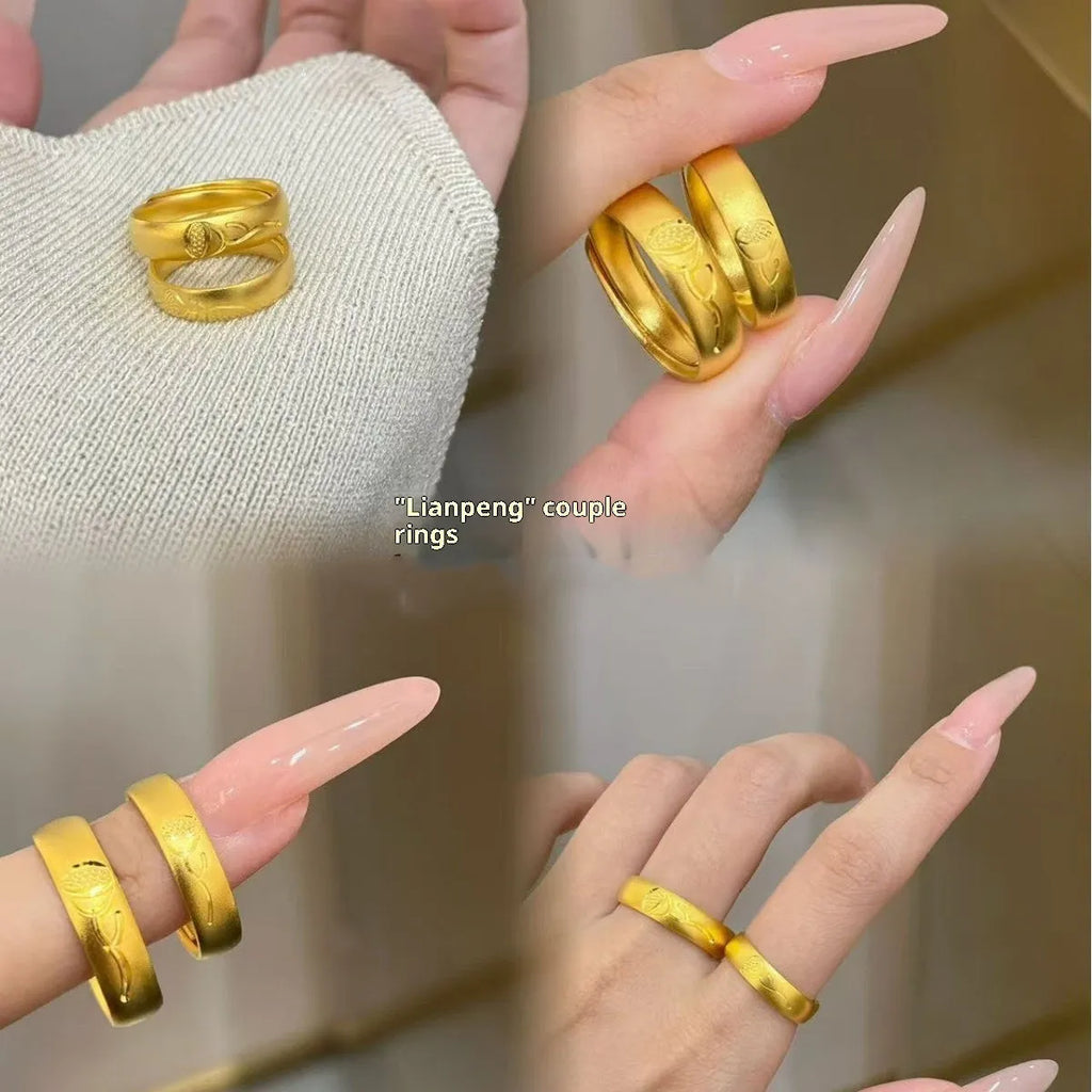 Brass Chinese lotus Double Double Happy couple ring with adjustable opening in ancient couple style for men and women