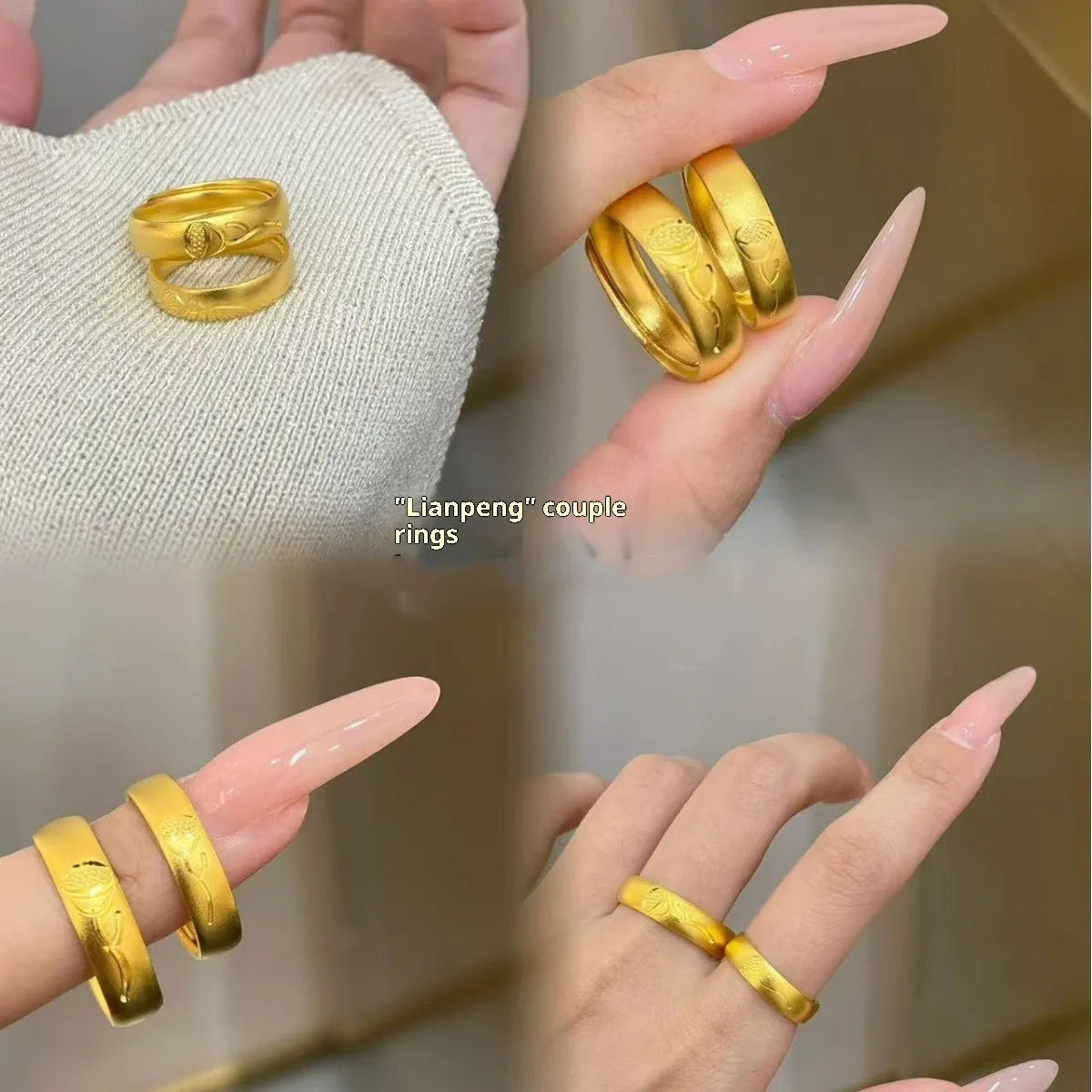 Brass Chinese lotus Double Double Happy couple ring with adjustable opening in ancient couple style for men and women
