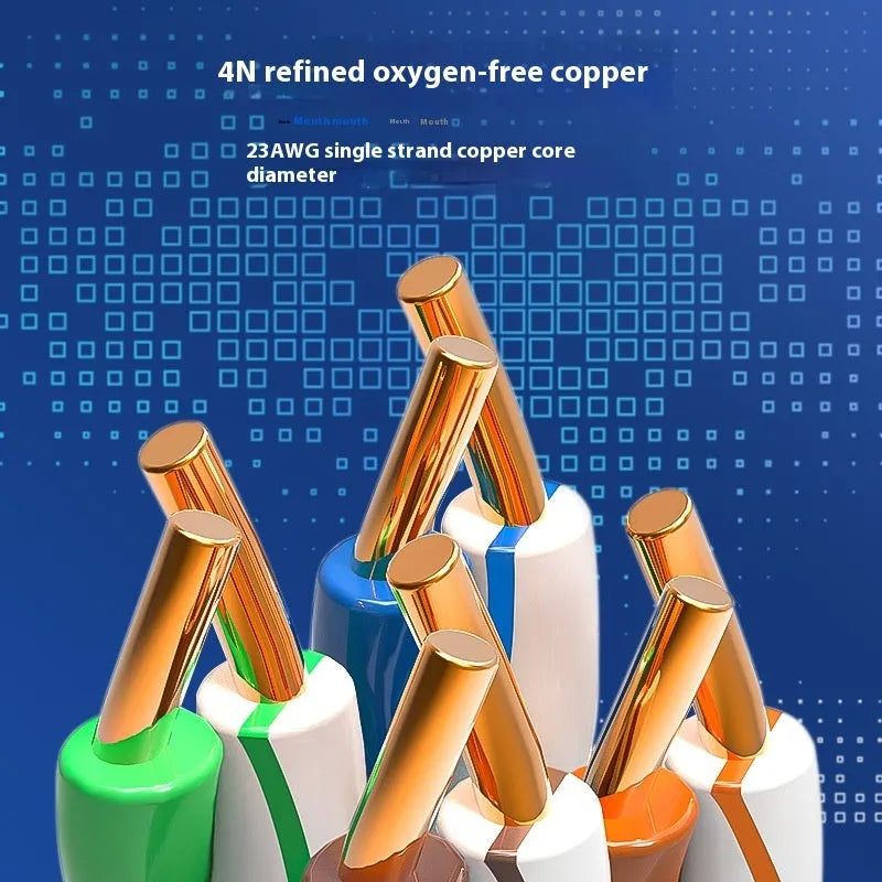 A blue reel of Cat 6a Ethernet cable with oxygen-free copper core, labelled 305 metres and 10Gb/s.