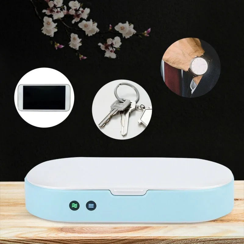 White double UV phone sterilizer box with two UV lamps inside, USB cable included