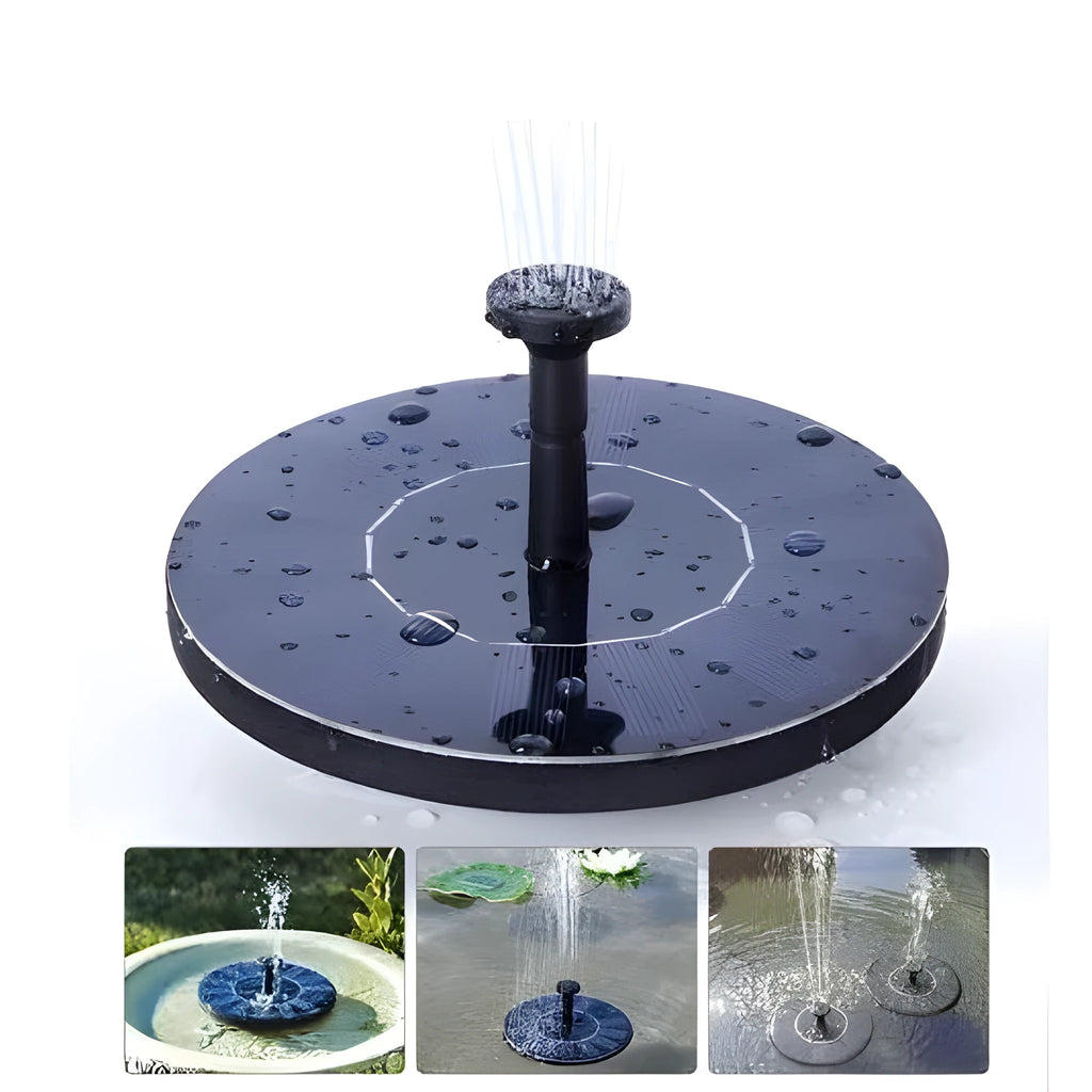 Black solar-powered floating water fountain with spray nozzles for garden bird baths and ponds