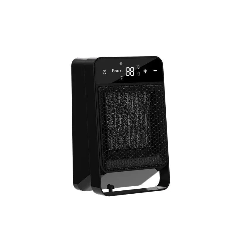 Black desktop electric heater with touch screen digital display and remote control on wooden desk