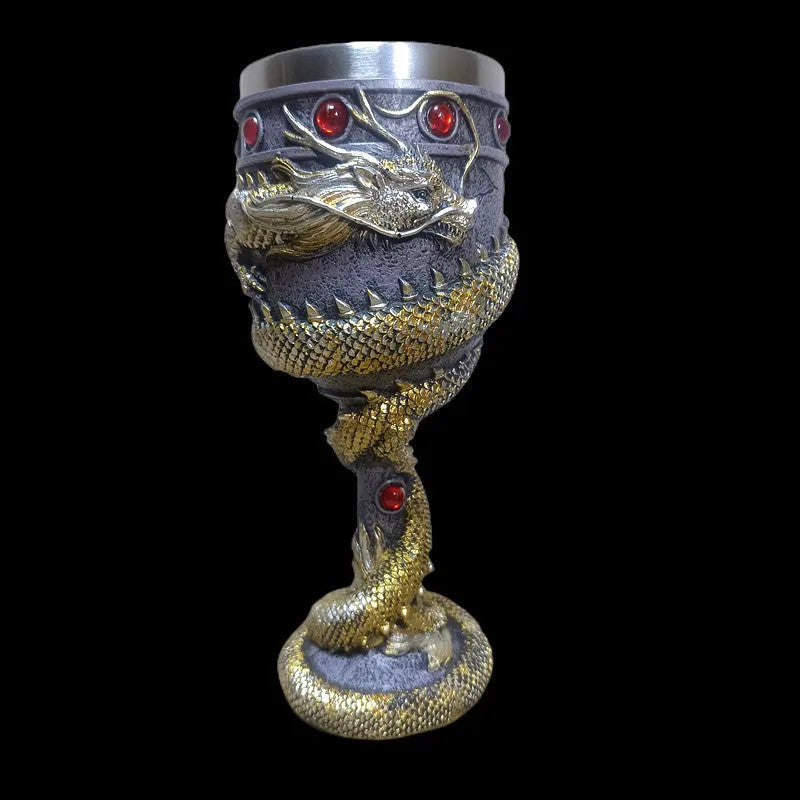 Chinese dragon design 3D stainless steel red wine glass with 200ml capacity in gold colour