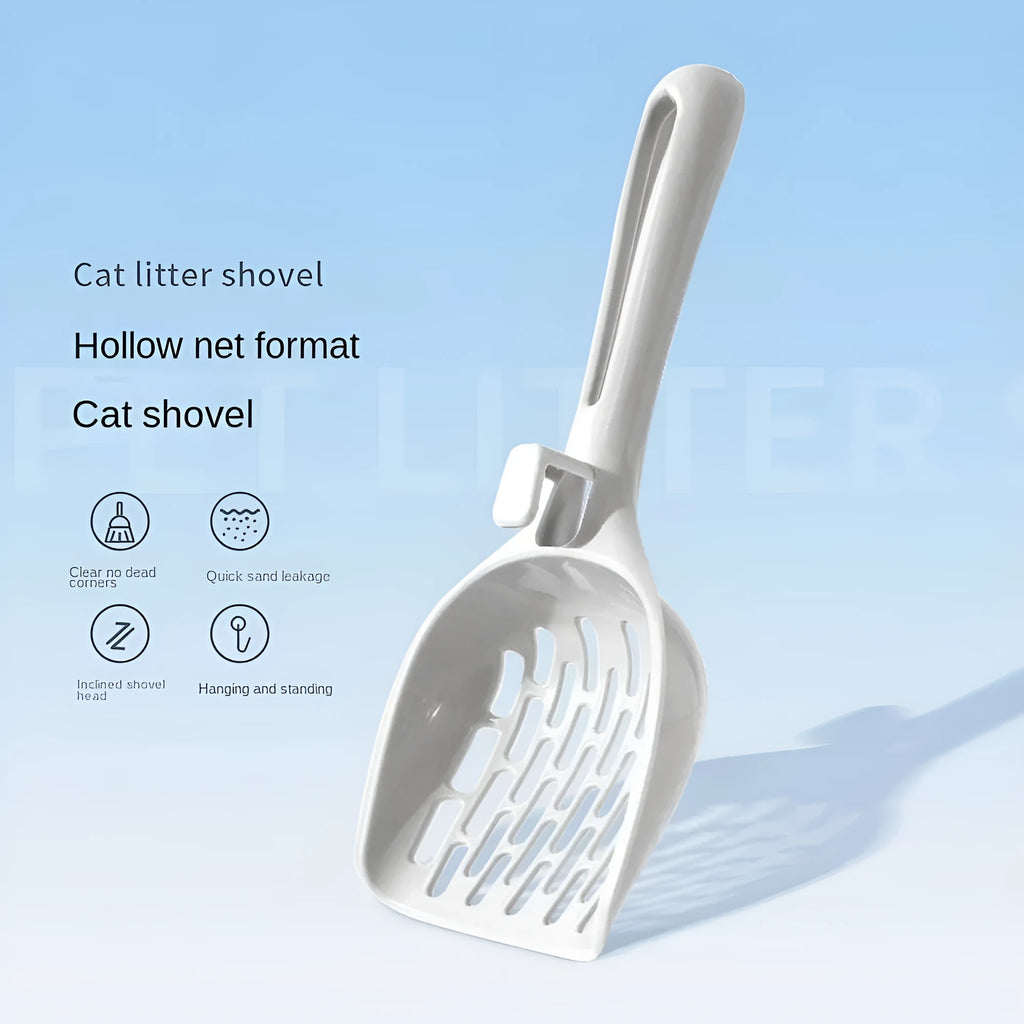 Grey plastic cat litter scoop with matching base for litter box cleaning