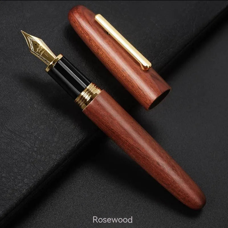 Wooden fountain pen with rotating cap shown in various wood finishes including rosewood and ebony.