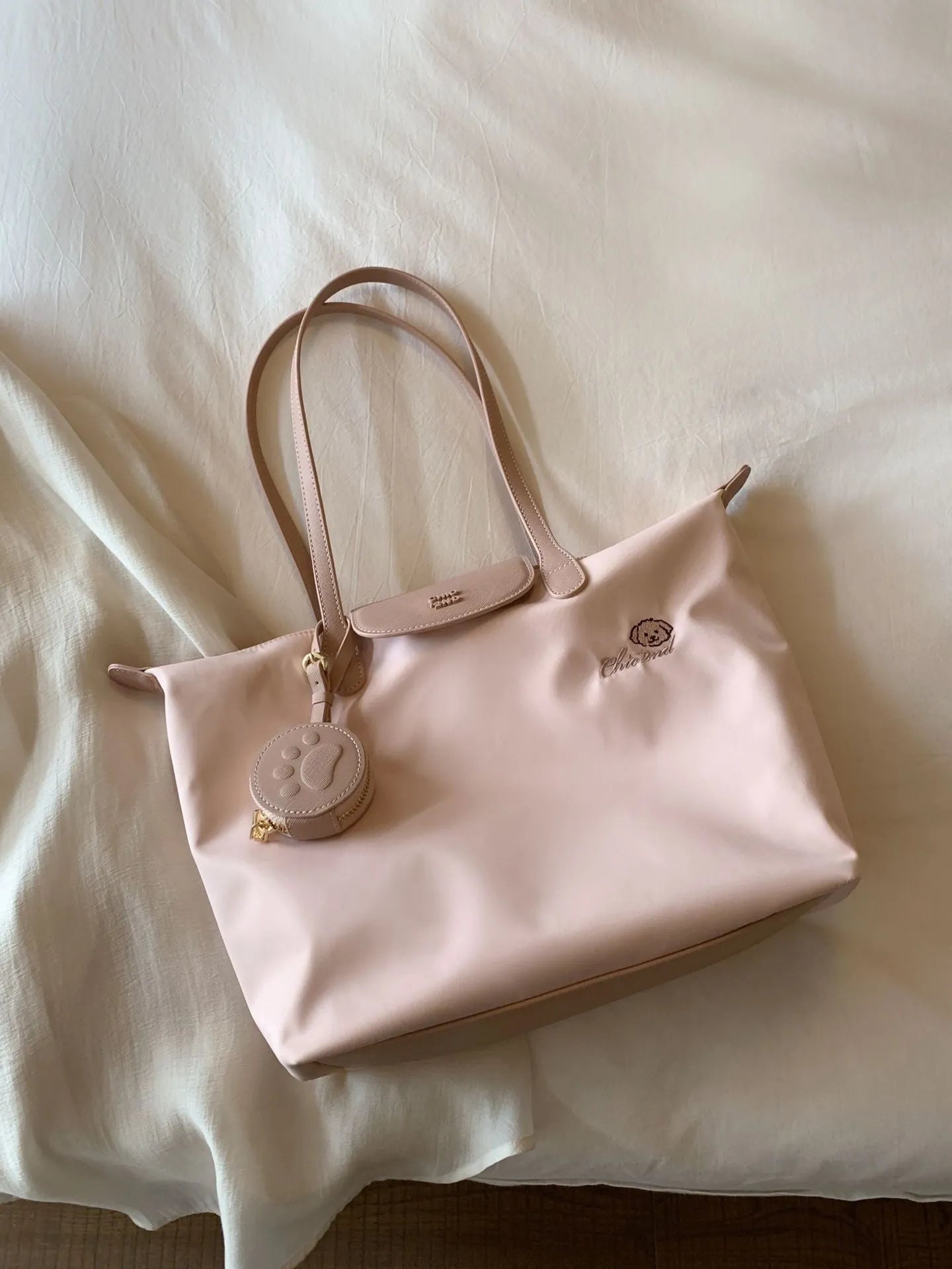 Oxford cloth tote shoulder bag with horizontal square shape in pink or milky white colour
