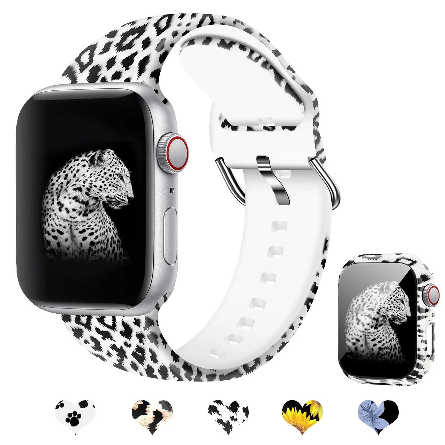 Printed silicone strap for Apple Watch showing design options and size variations