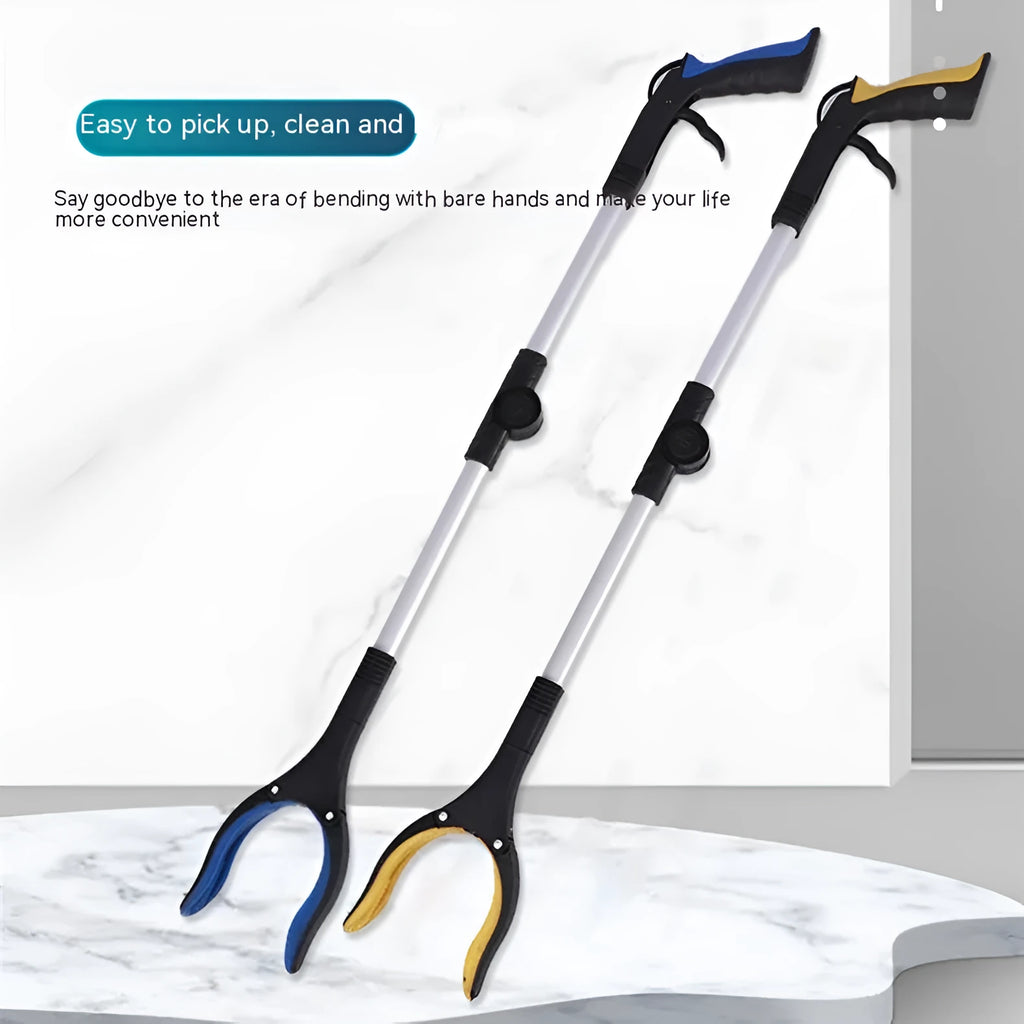 Silver folding rubbish grabber with blue handle extended to 80cm, showing magnet end.