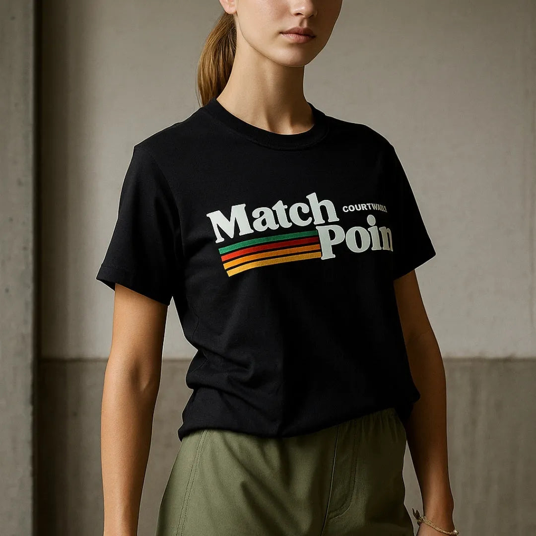 Black men's t-shirt with a large white 3D digital printed text pattern on the front.