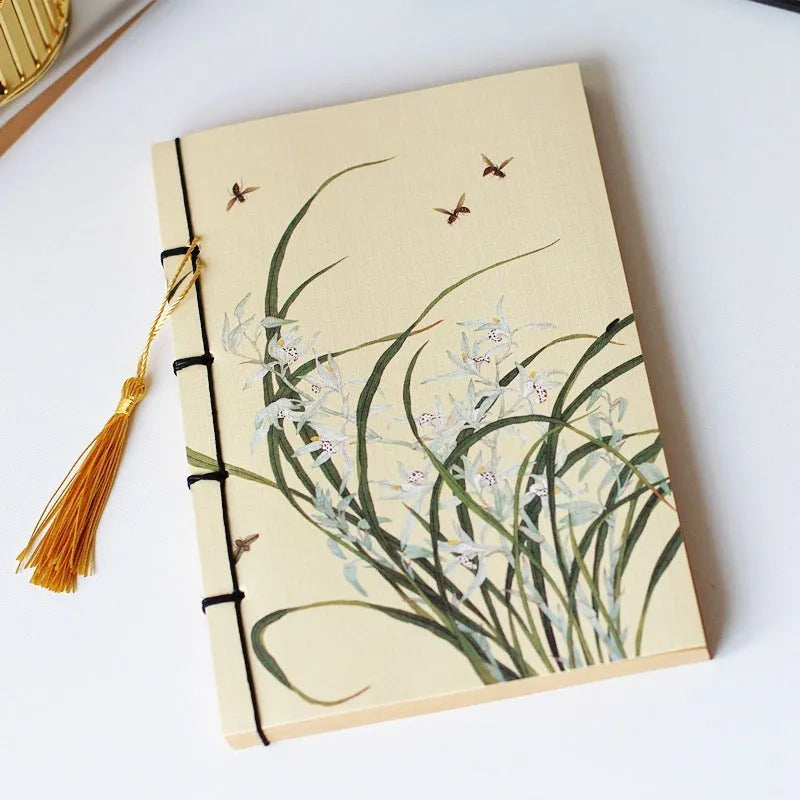 A5 antique wire-bound notebook with retro painting cover, wax rope binding, and tassels