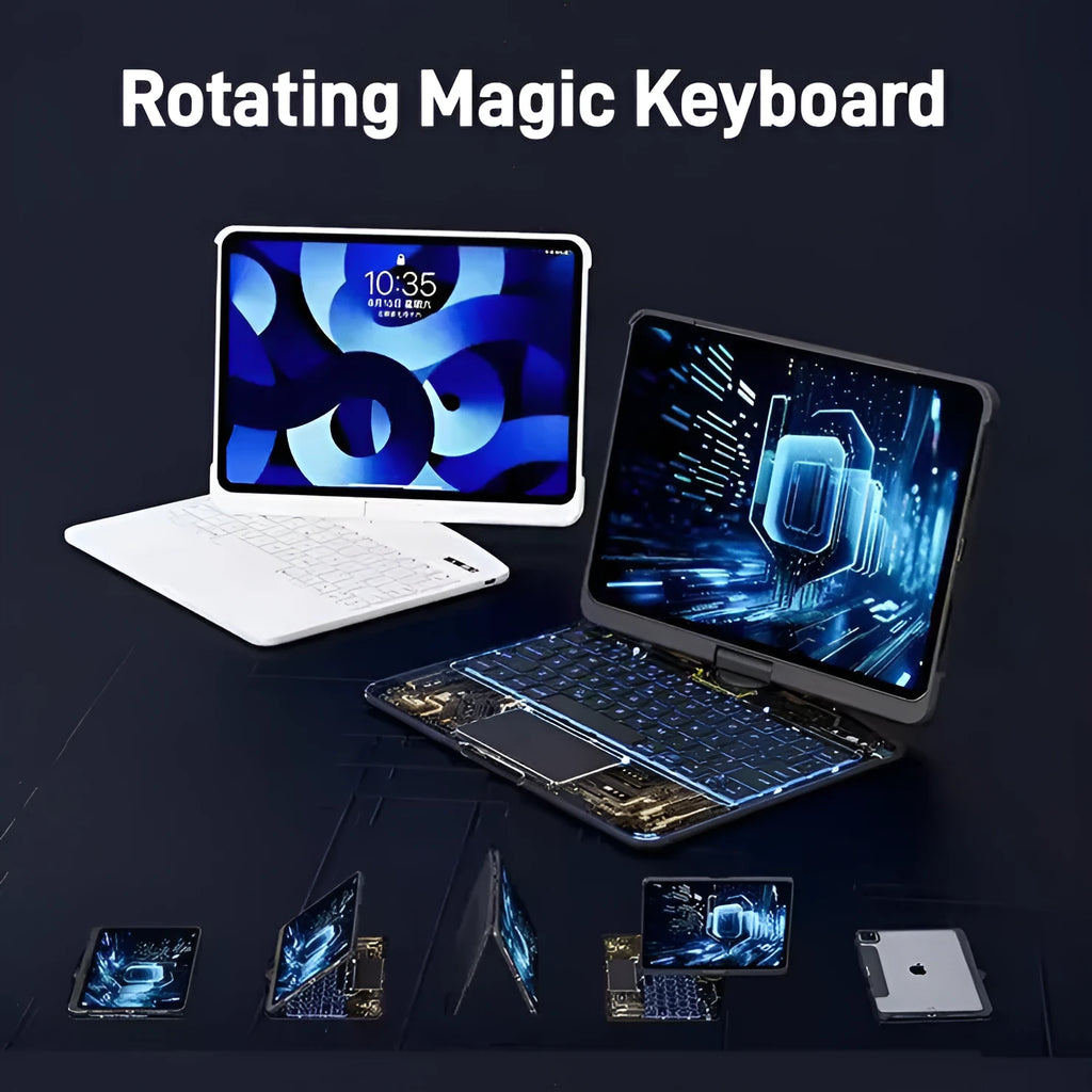 360 swivel keyboard clear case for iPad with transparent backplate and telescopic pen slot