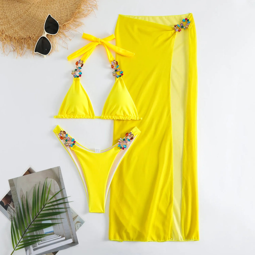 Light Diamond women's three-piece swimsuit with mesh overlay skirt in solid colour