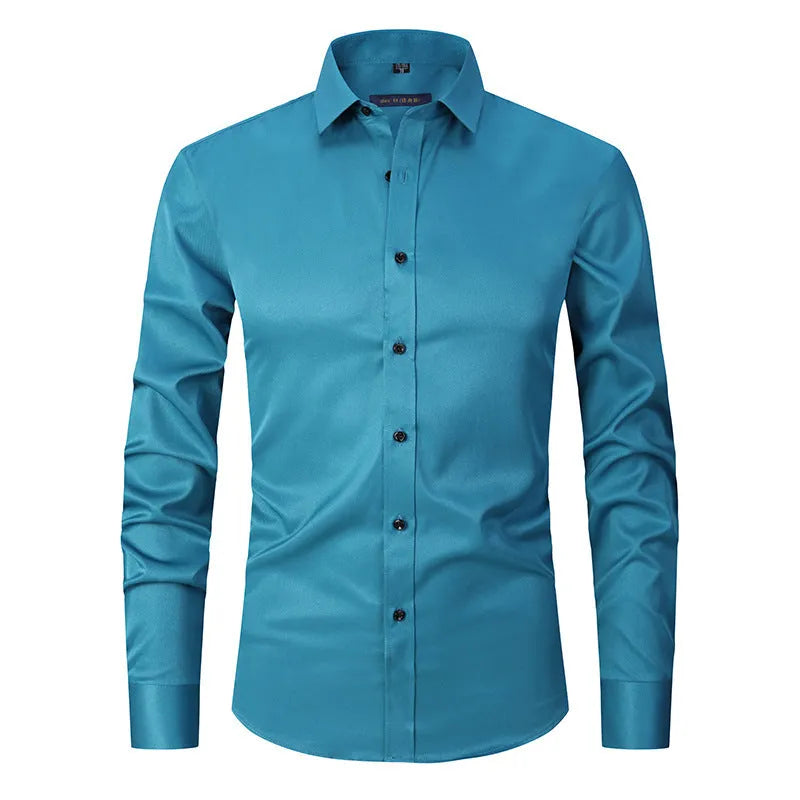 Men's stretch long sleeve polyester work shirt on a hanger, showing button front and long sleeves.