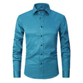 Men's stretch long sleeve polyester work shirt on a hanger, showing button front and long sleeves.