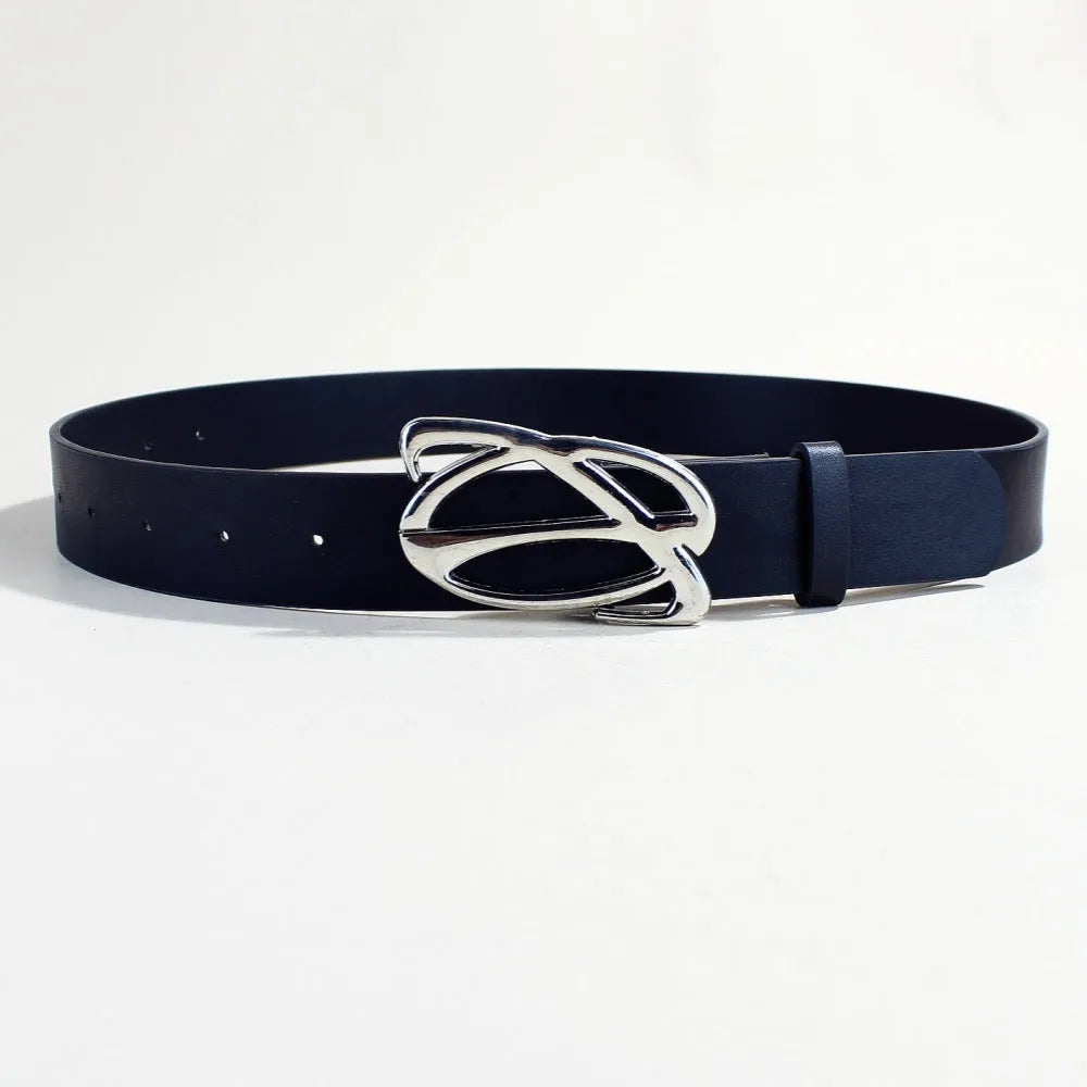 Men's silver buckle snap button belt made from black PU leather.