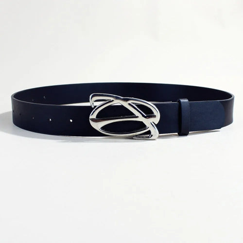 Men's silver buckle snap button belt made from black PU leather.