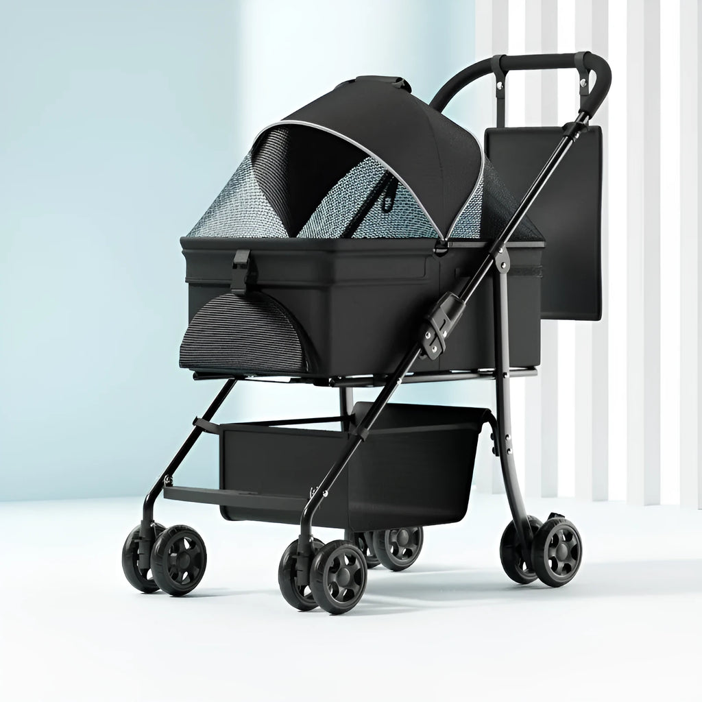 Black Warrior style one-click folding metal pet cart shown in use and folded compactly.