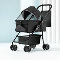 Black Warrior style one-click folding metal pet cart shown in use and folded compactly.