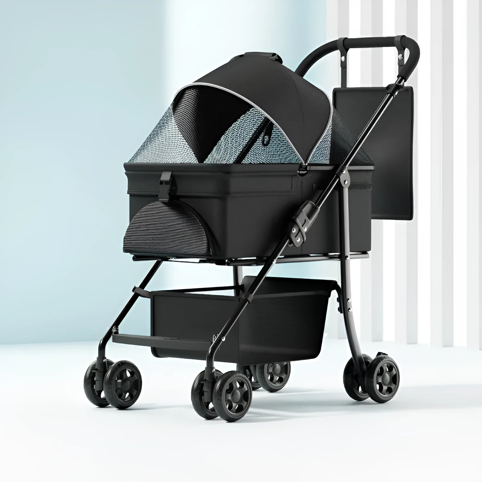 Black Warrior style one-click folding metal pet cart shown in use and folded compactly.