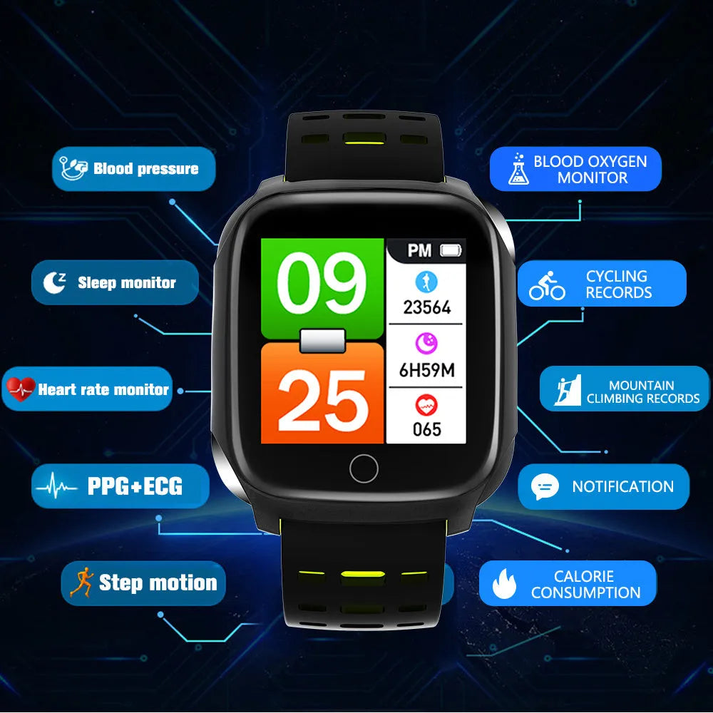 F16 smart watch with ECG and blood pressure monitoring on wrist, showing black watch body with coloured silicone strap