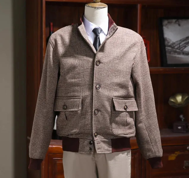 Men's brown tweed short stand-collar single-breasted coat with 70% wool, slim-fit front view
