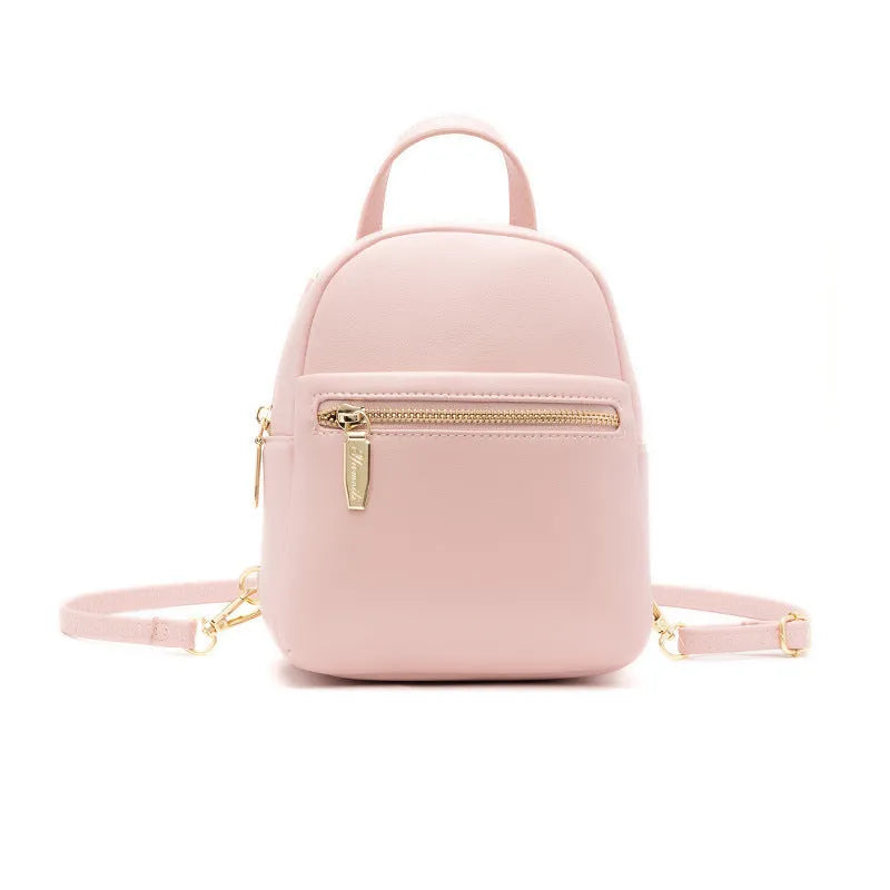 Soft PU mini backpack in street trend style with three-dimensional outer pocket, shown in one of six colour options.