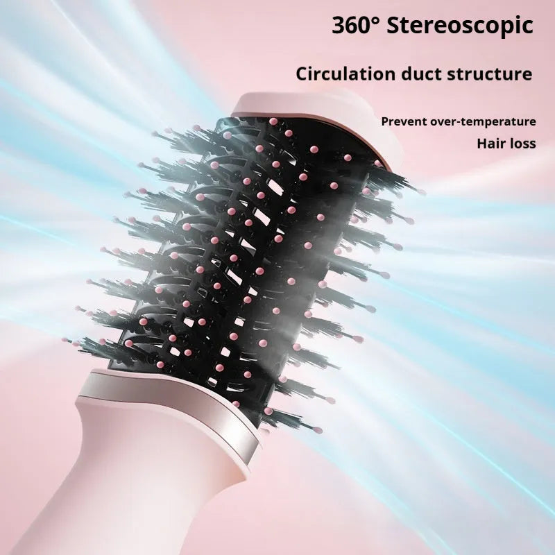 Pink multifunctional hair dryer with integrated comb attachments for styling