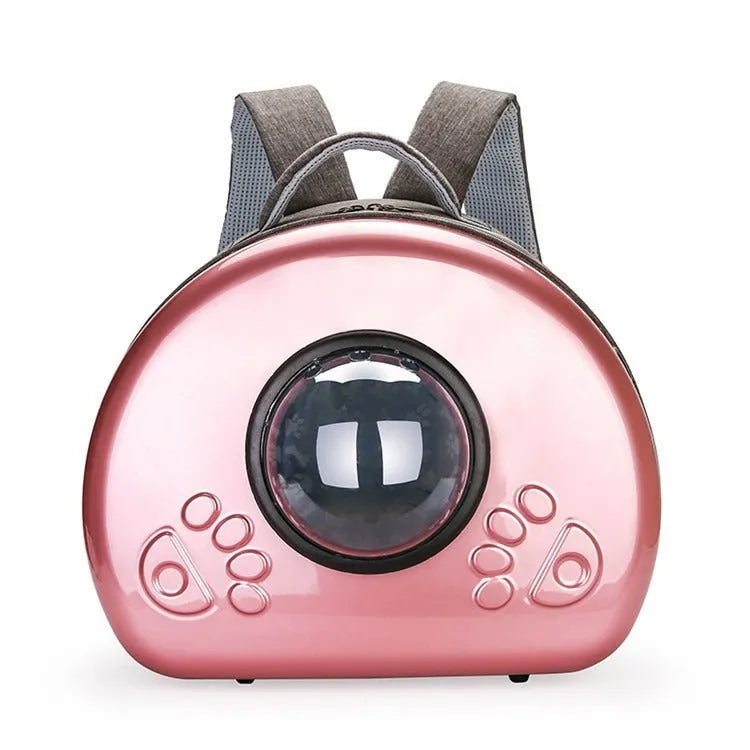 Transparent space capsule style cat carrier bag with breathable design and rose gold front cover.