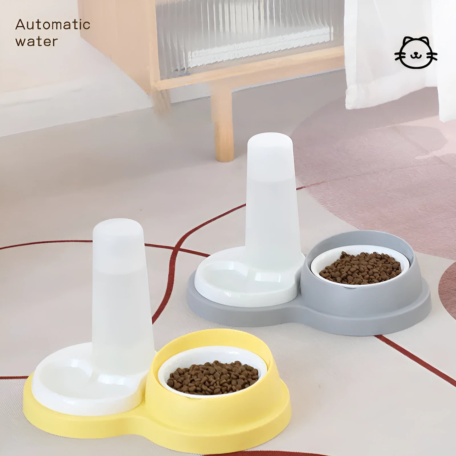 Grey and yellow pet dual feeding bowl with neck protection and non-slip base