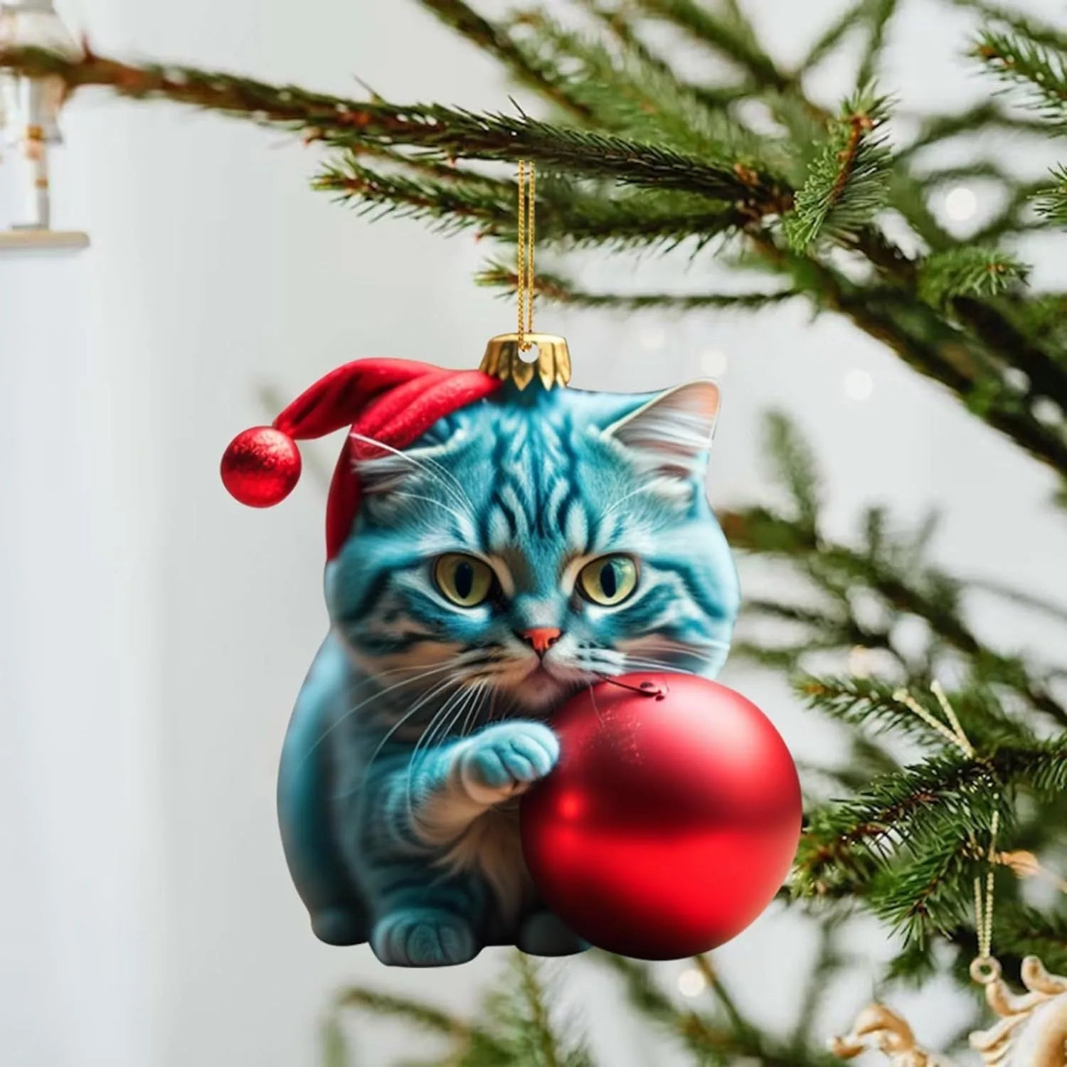 Cartoon cat Christmas car hanging ornament in acrylic with hanging cord