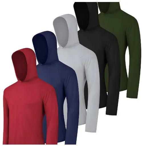 Four men's lightweight polyester hoodies folded together, showcasing elastic fabric and available colour options.