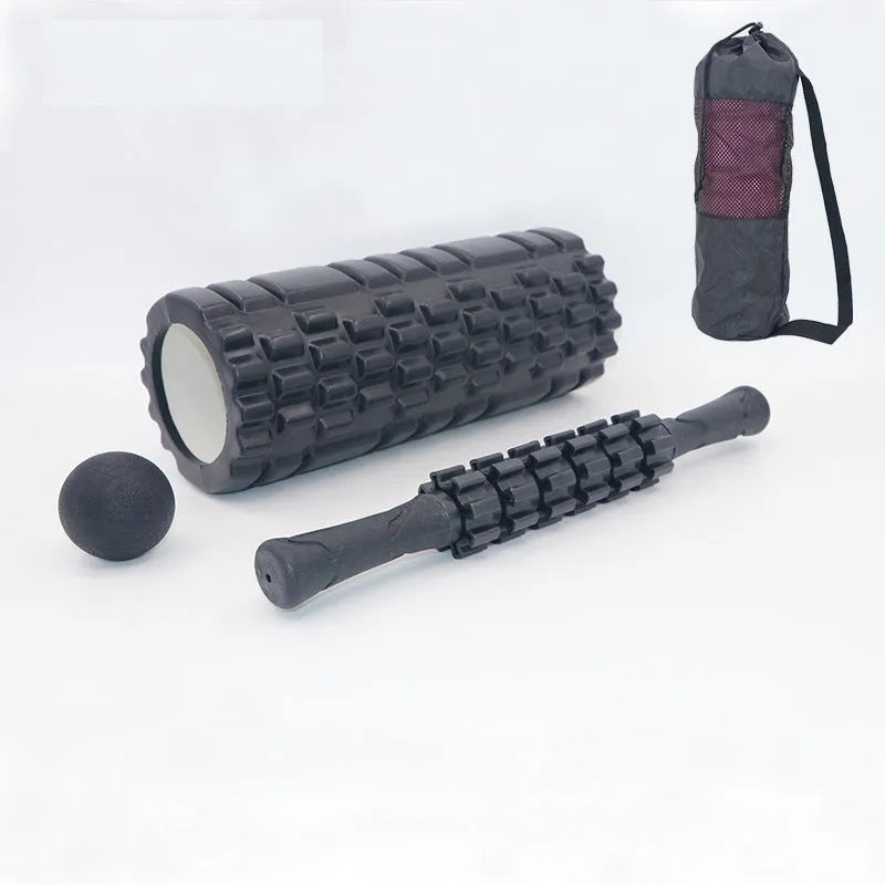 Black 33cm foam massage roller with six distinct segments for muscle recovery