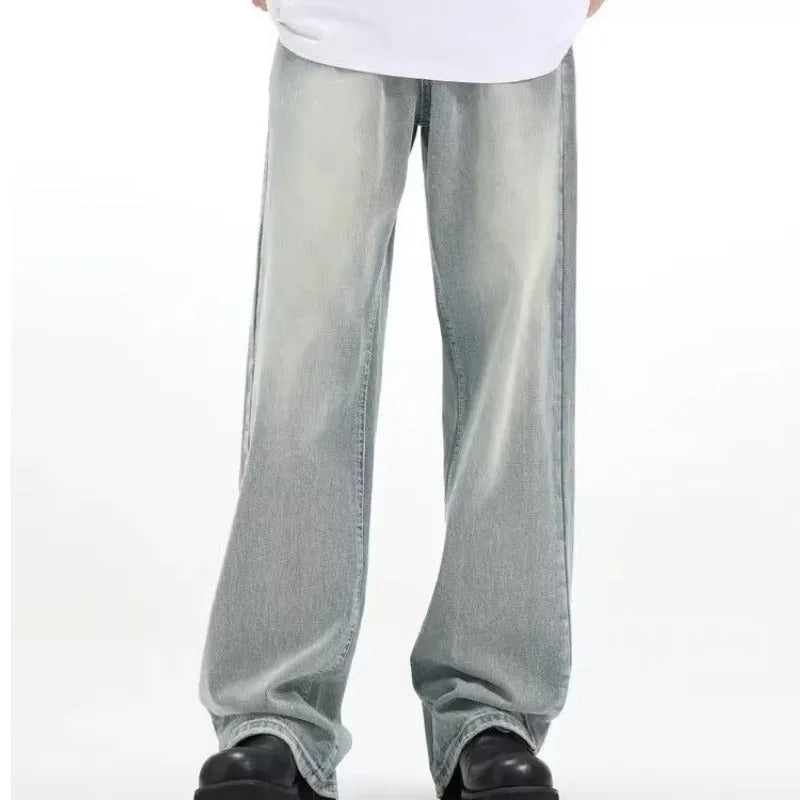 Blue retro trousers with rabbit fur fabric and high elasticity in loose casual fit