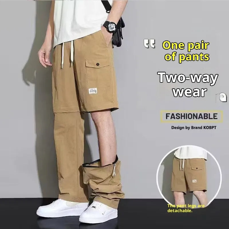 Men's 2-in-1 detachable overalls in khaki, convertible to cargo pants with drawstring waist and multiple pockets