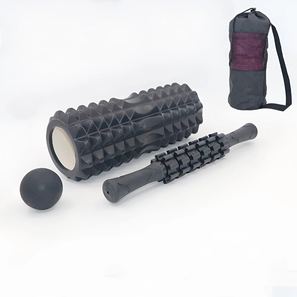 Black 33cm foam massage roller with six distinct segments for muscle recovery