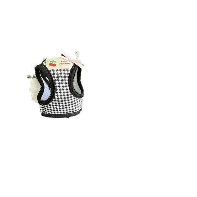 Cotton chest and back dog harness with hand-holding rope in pink and black colours