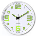 Modern 8-inch luminous wall clock with white dial on a plastic shell, mounted on a wall.