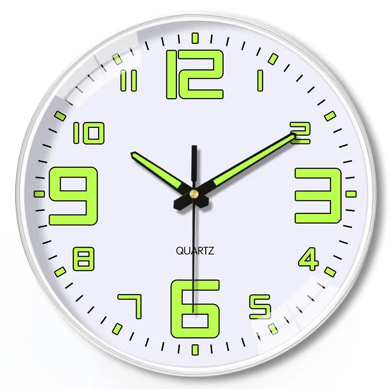 Modern 8-inch luminous wall clock with white dial on a plastic shell, mounted on a wall.