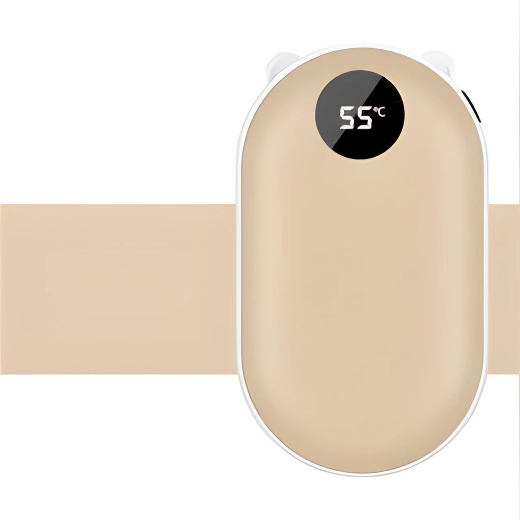 Compact rose gold USB rechargeable hand warmer and power bank with digital display, shown next to its charging cable.