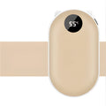 Compact rose gold USB rechargeable hand warmer and power bank with digital display, shown next to its charging cable.