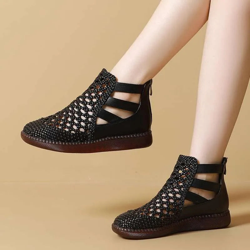 Flat soft-soled comfort sandals in gold with hollow-out PU upper and TPR sole