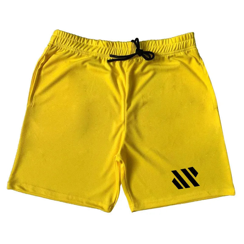 Metal silk fabric sports shorts in loose fit, shown in multiple colours including army green and sapphire blue.