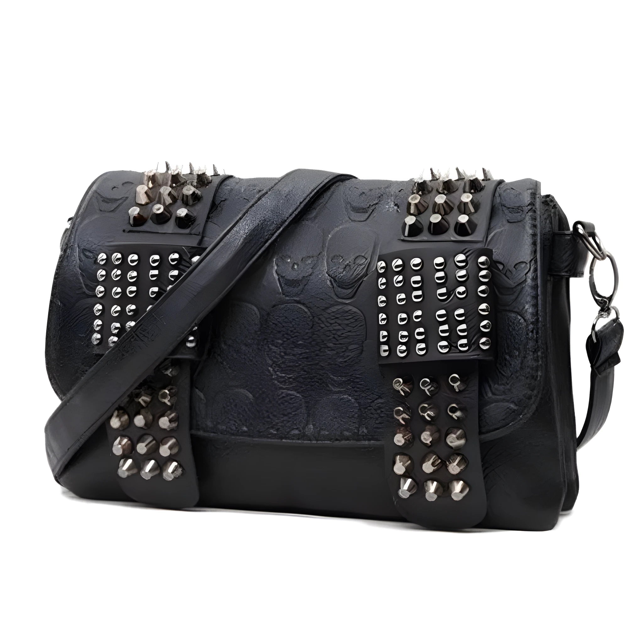 Black leather messenger bag with skull rivets and buckle closure for women