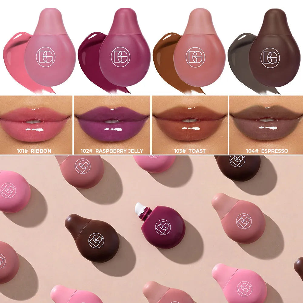 Four shades of moisturising coloured lip lacquer in a set, labelled 101 102 103 104, with glossy finish.