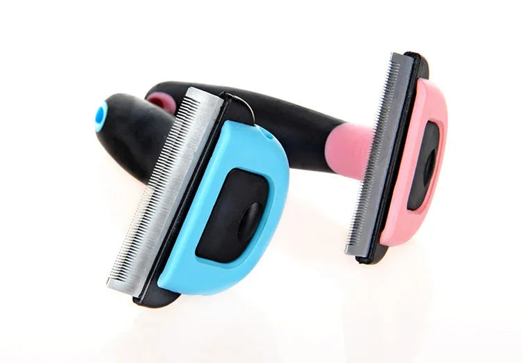 Pet hair removal comb for long straight hair pets in three sizes S M L and blue or pink colour options