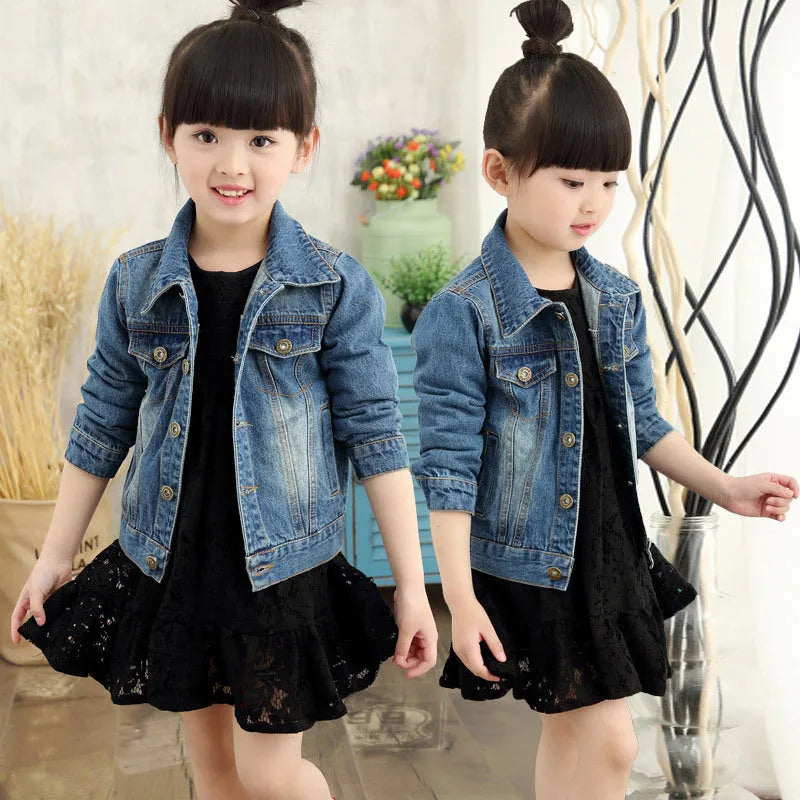 Children girls ripped denim jacket in dark blue cotton with hood, available in multiple sizes